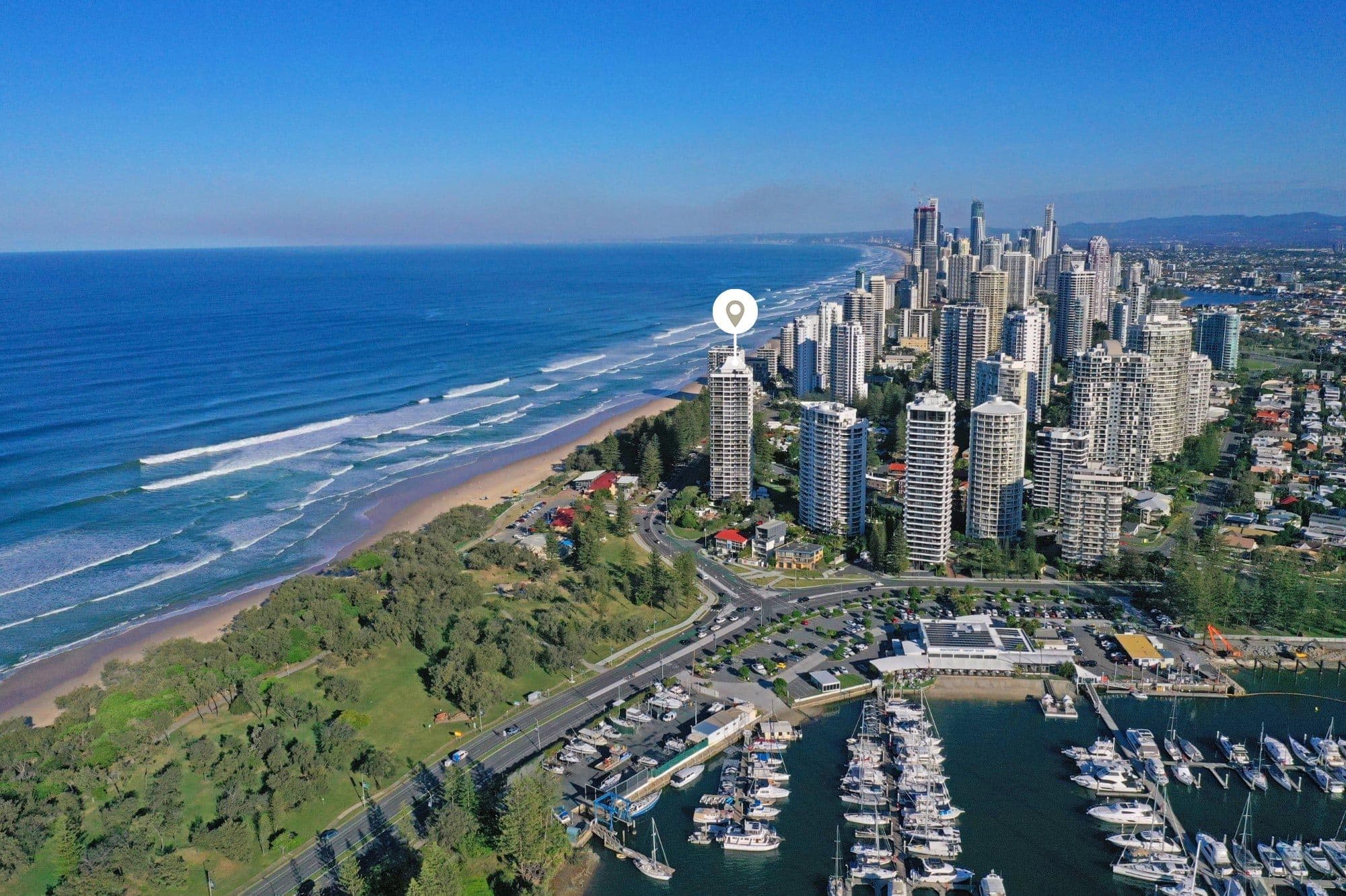 Main Beach from the air, the Broadwater behind