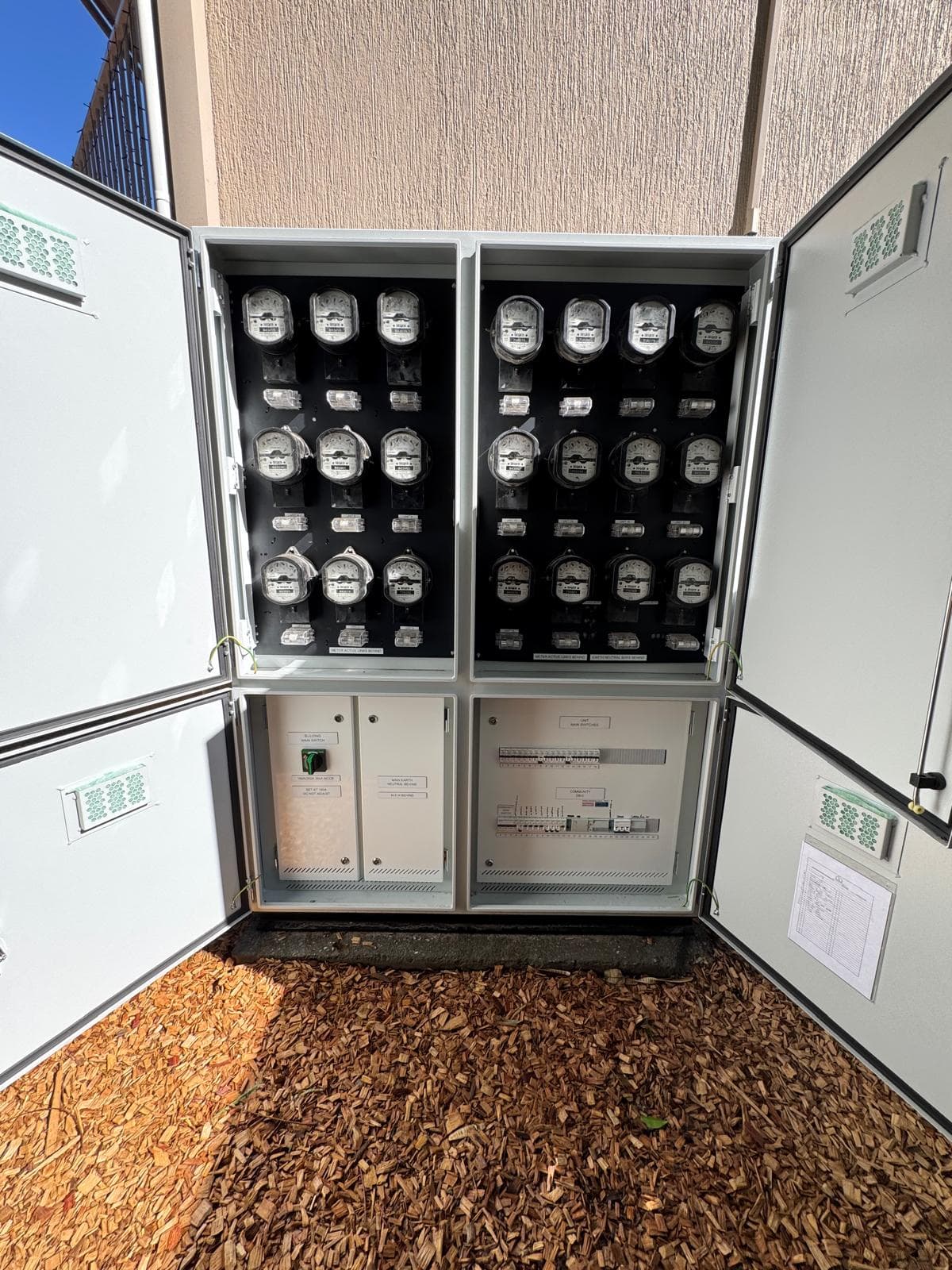 An open meter cabinet at Heath St., rows of meters exposed