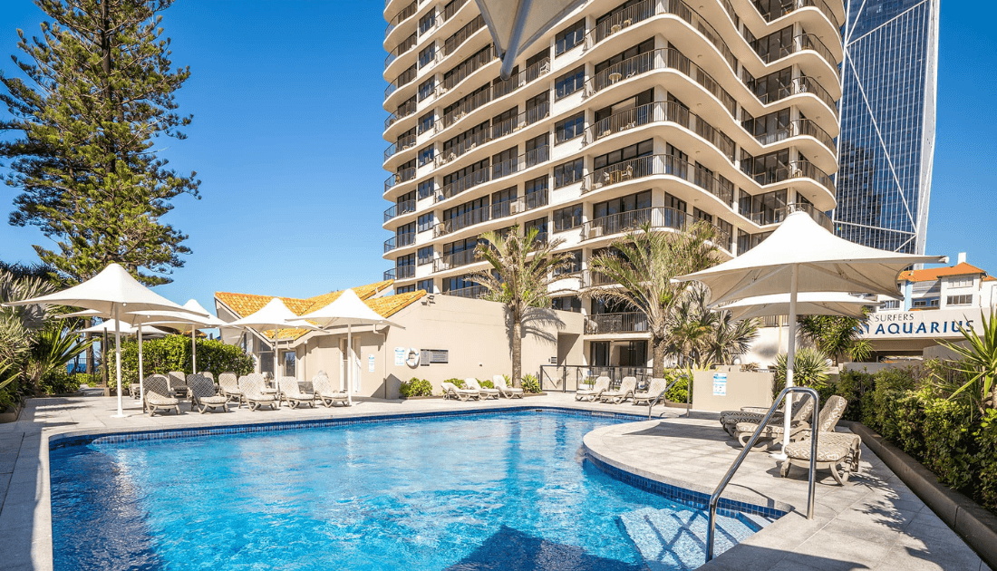 The Surfers Aquarius pool deck below the tower