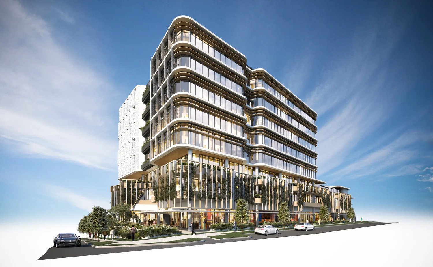 Architectural render of Proxima, a seven-level medical and education building in the Lumina precinct
