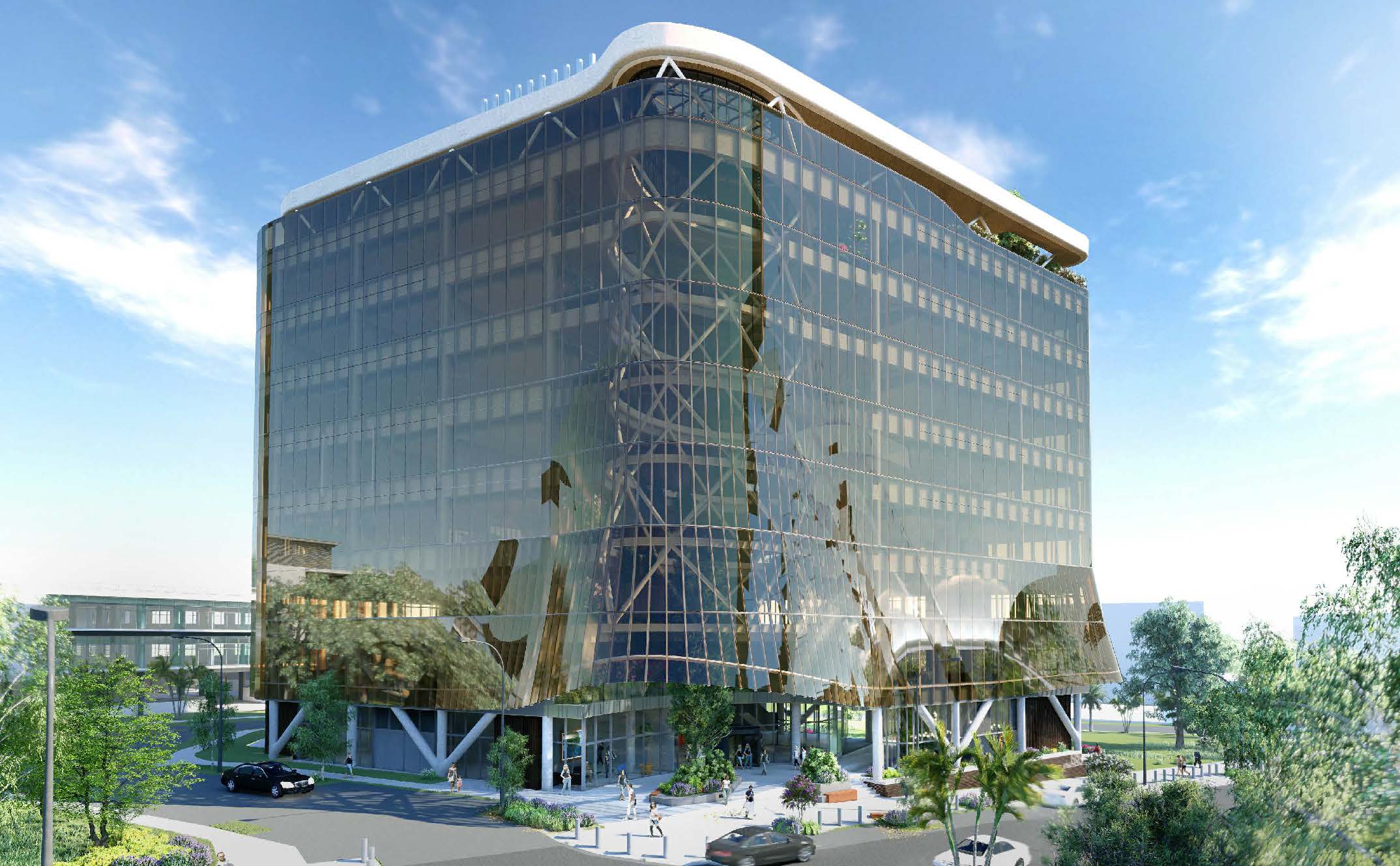Architectural render of RDX, a glass-fronted laboratory and office building in the Lumina precinct, Southport